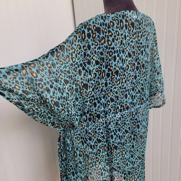 Mud Pie Womens Blue Green Brown Yellow Leopard V-Neck Swim Cover Up Tie L/ XL - Picture 5 of 14